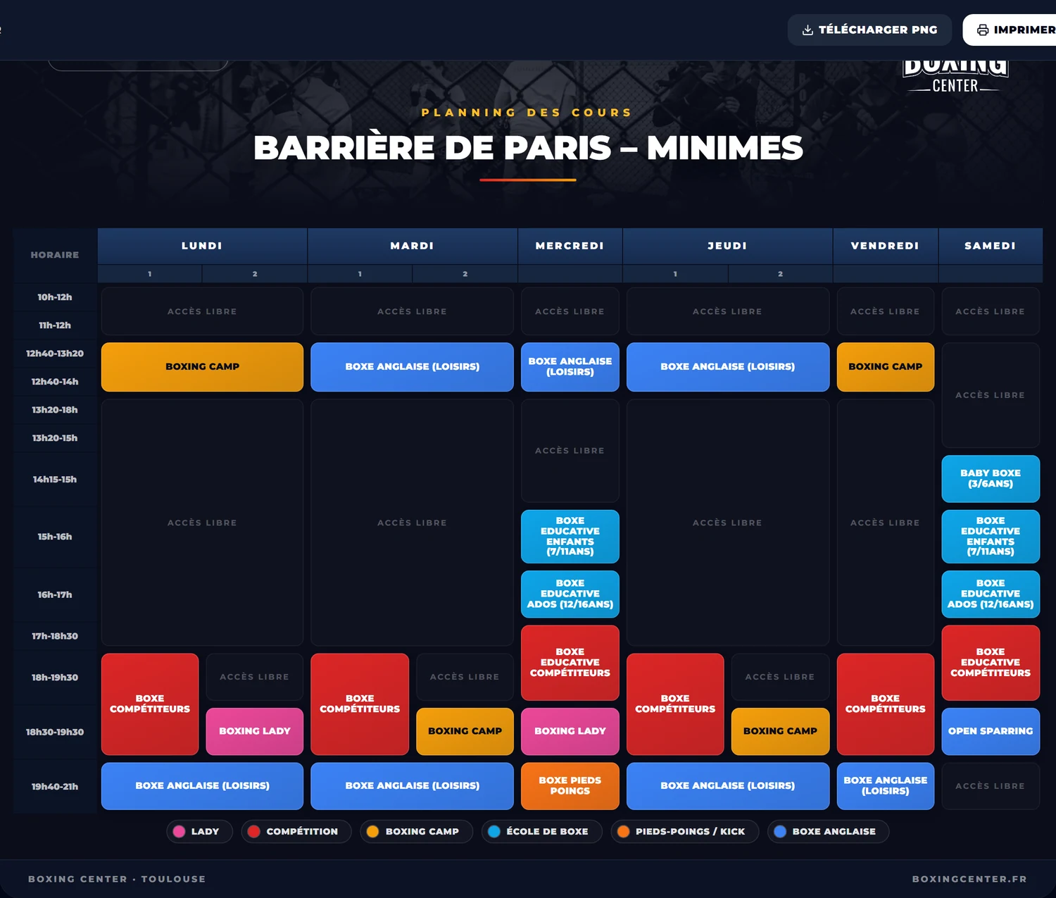 Planning des cours de la salle Minimes — Barrière de Paris : boxe anglaise loisirs et compétiteurs, boxe éducative de 3 à 16 ans, Boxing Lady, boxing camp, open sparring et créneaux d’accès libre, du lundi au samedi.